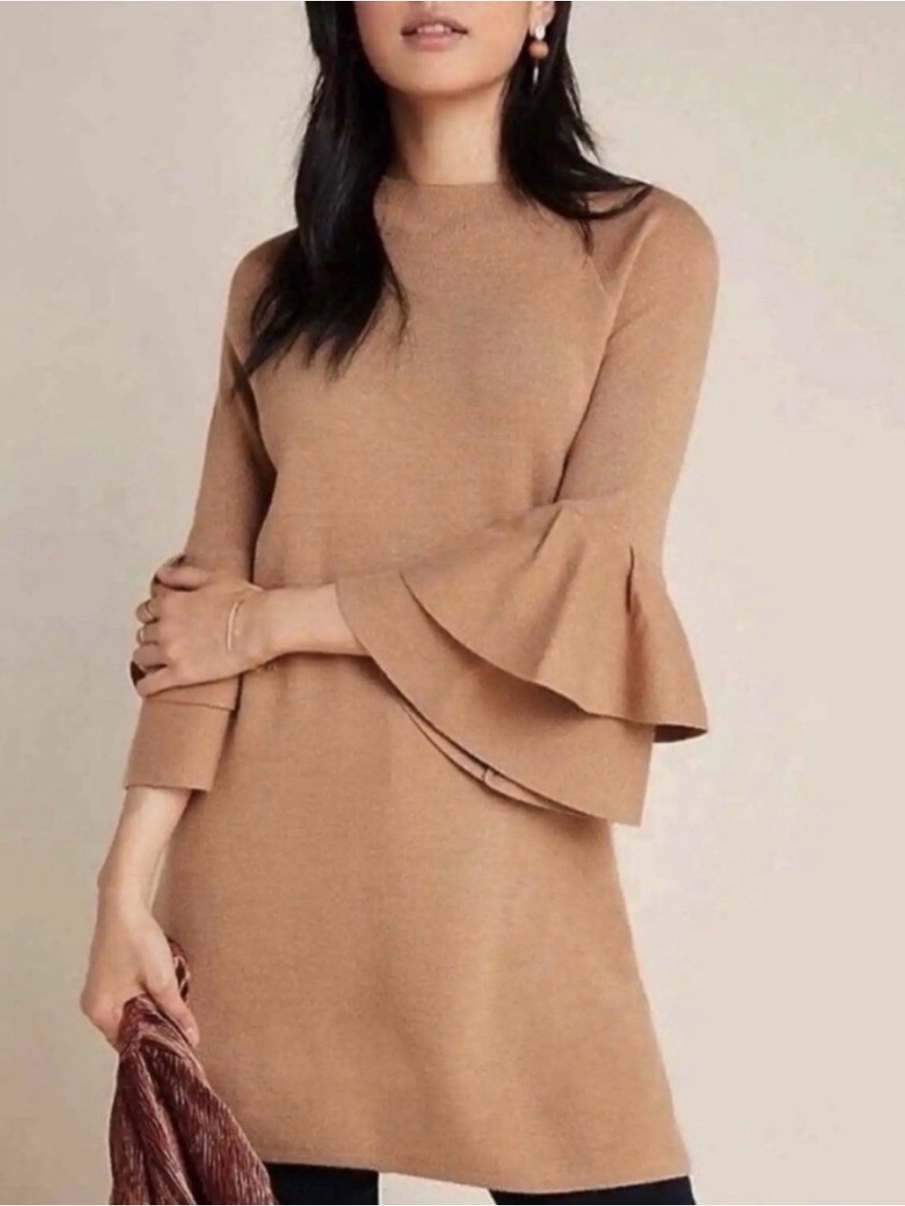 Anthropologie Claudette Beige Gold Metallic Flare Sleeve Sweater Dress Medium‎
